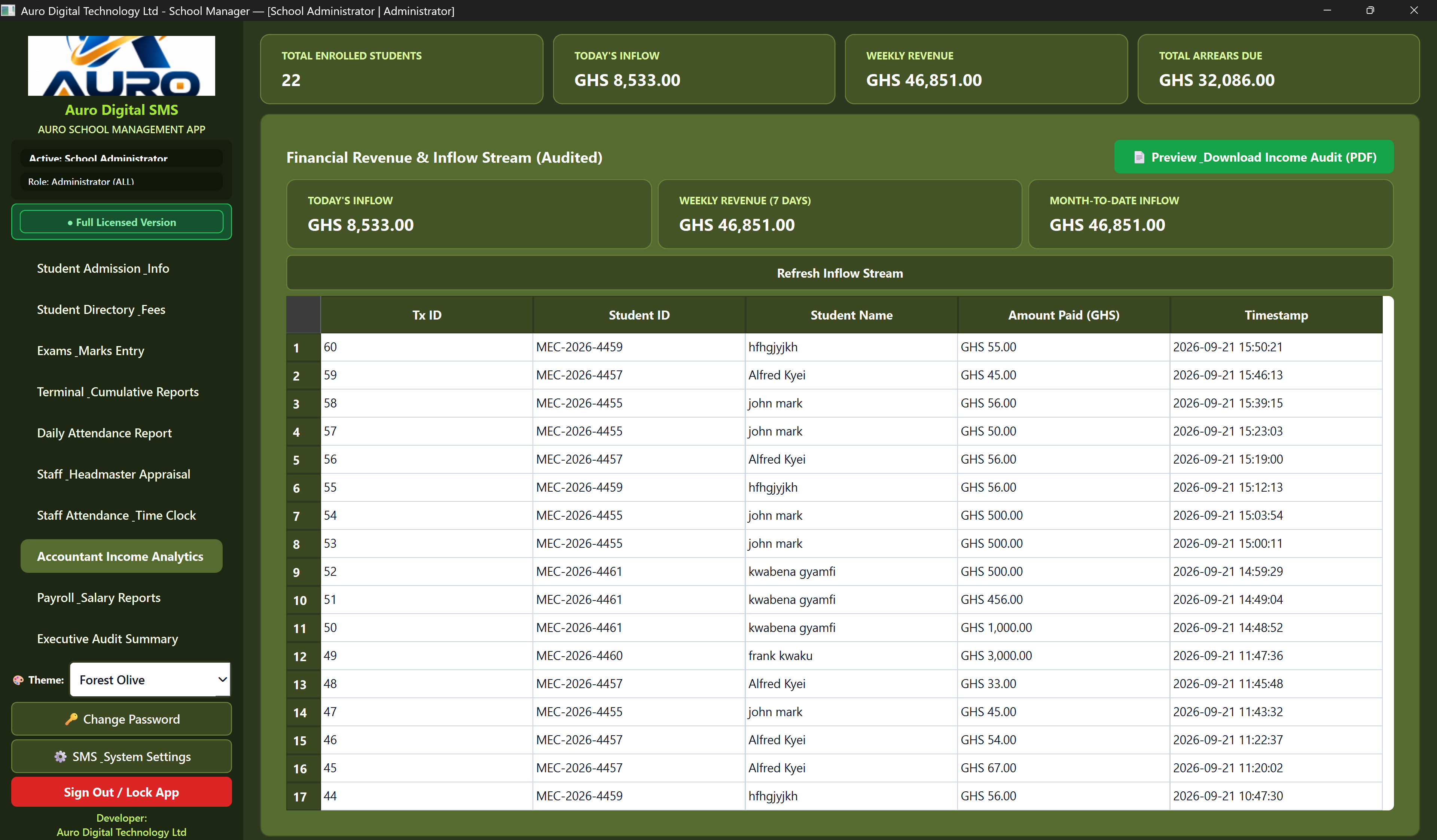 AuroPro income reports screen showing fictional demonstration records