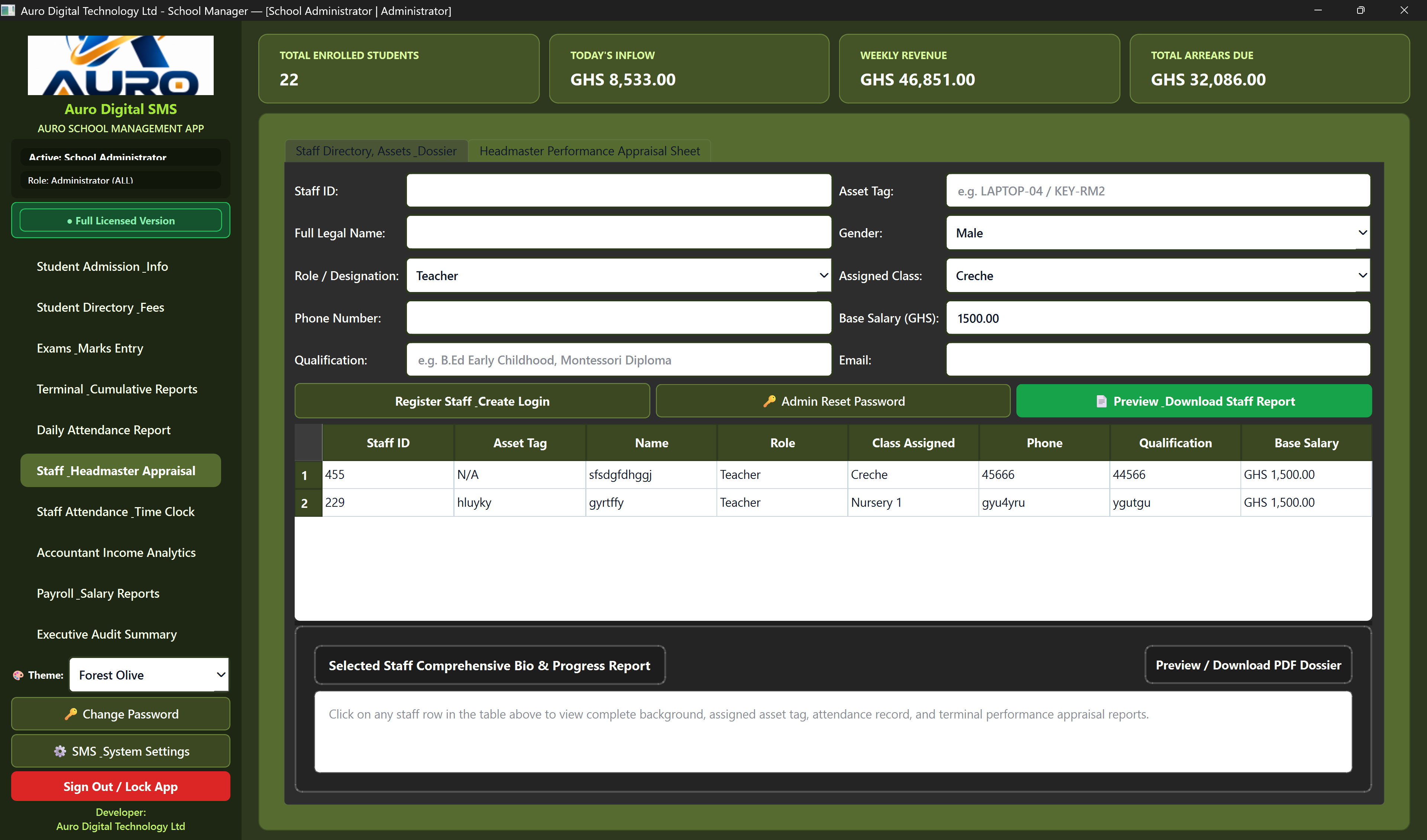 AuroPro staff management screen showing fictional demonstration records