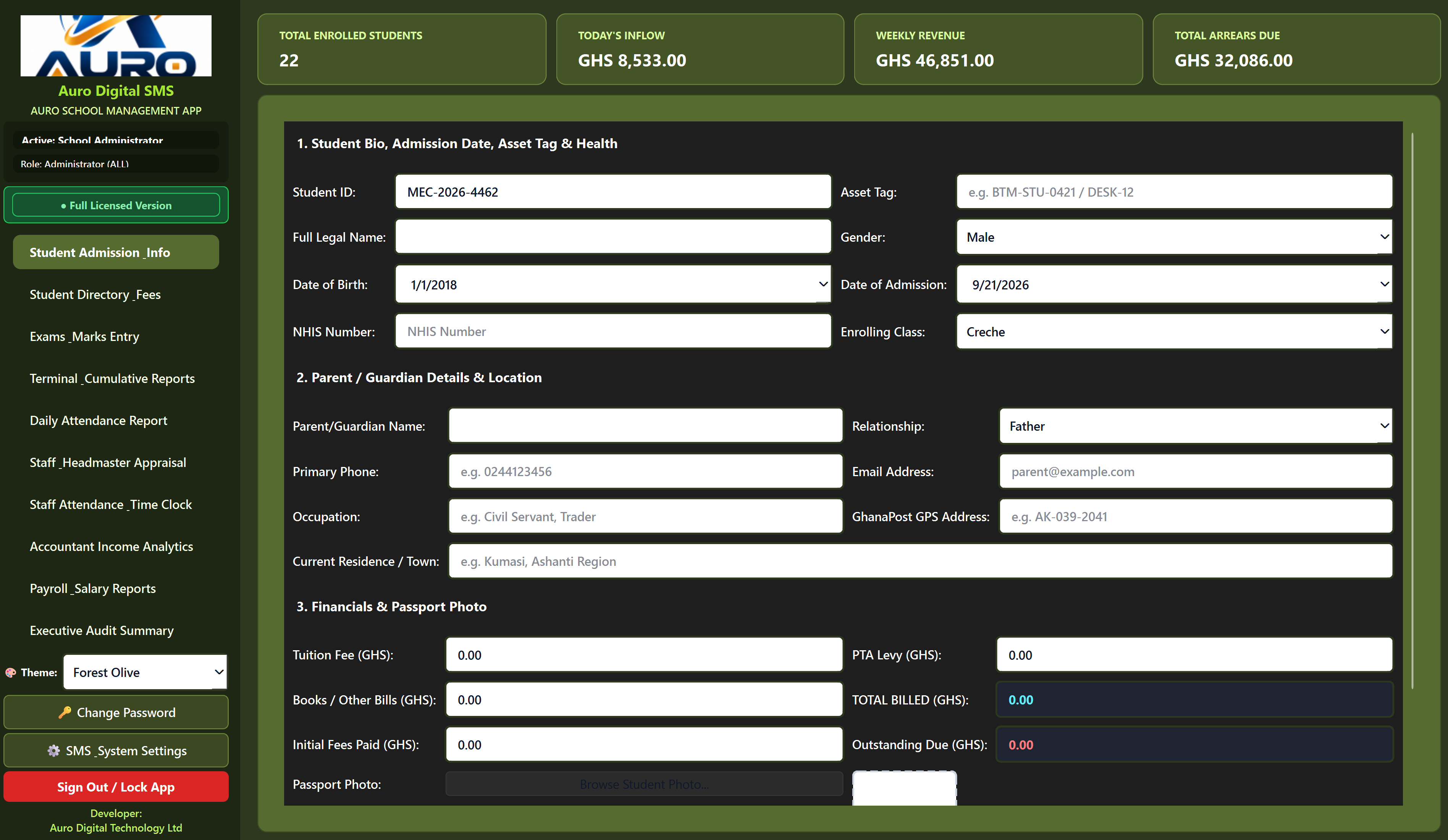 AuroPro student admissions screen showing fictional demonstration records