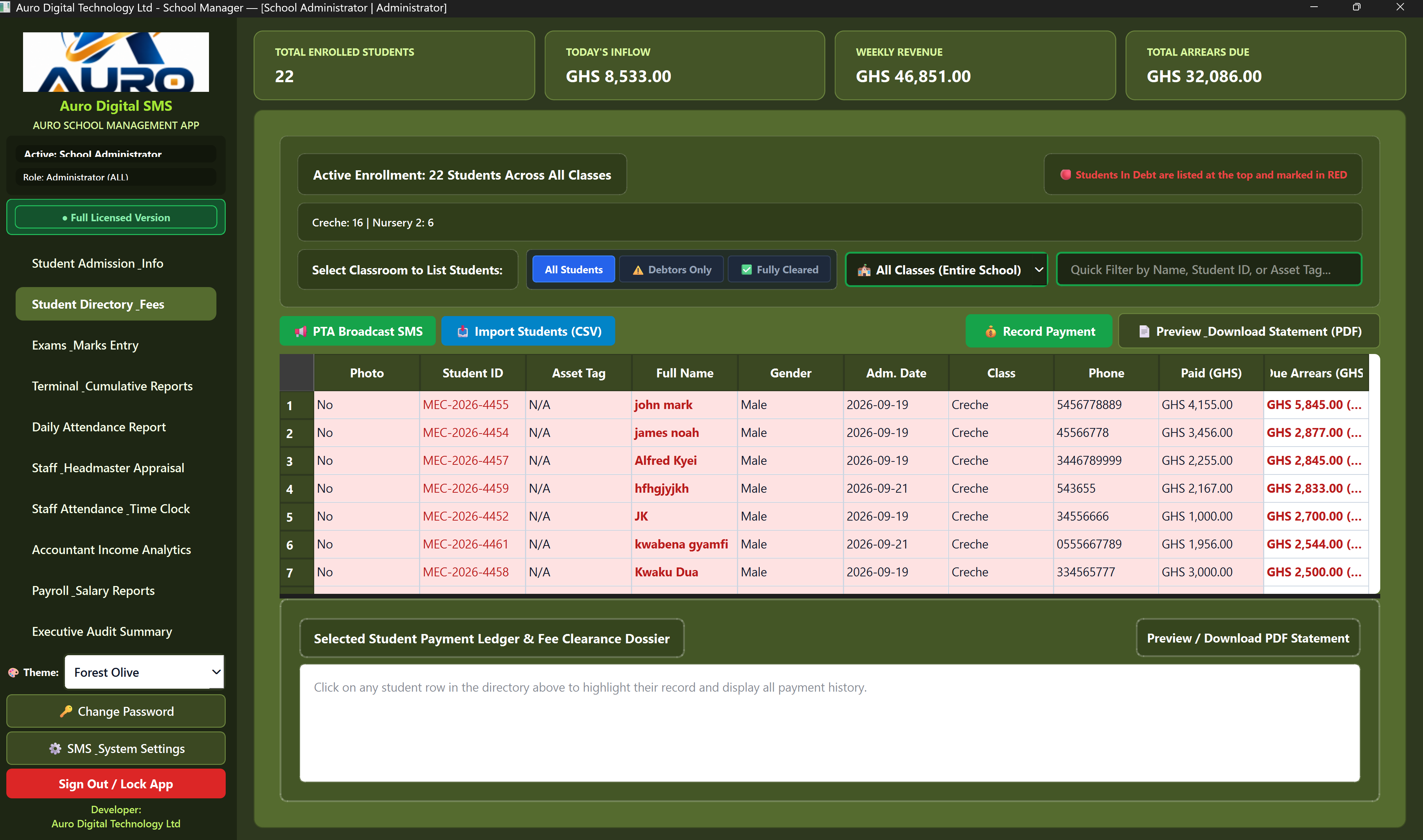 AuroPro student directory & fees screen showing fictional demonstration records